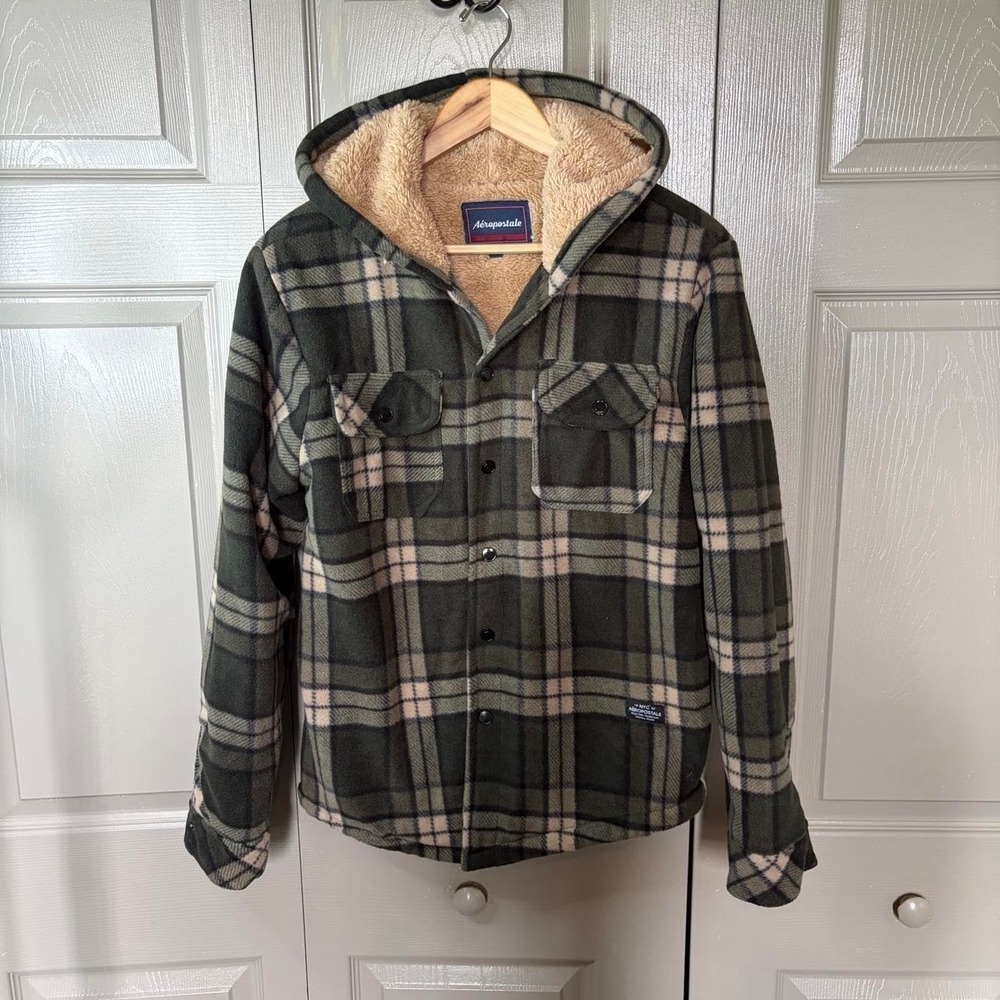 Aeropostale Plaid Fur Lined Hoodie Jacket Green Y2K Size S Button Up Flannel